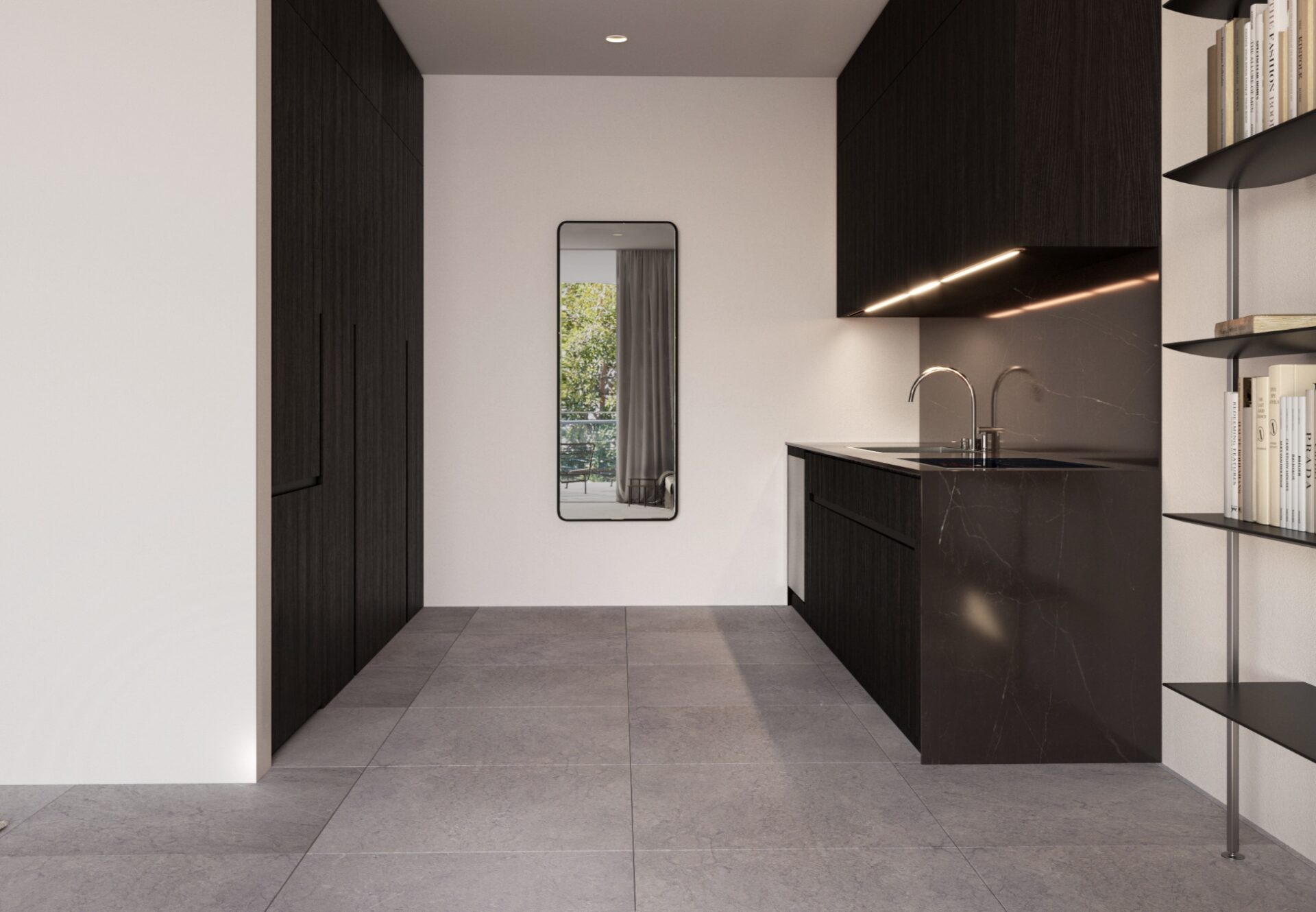 Modern kitchen with dark cabinetry, open shelving, and a full-height mirror on the back wall.
