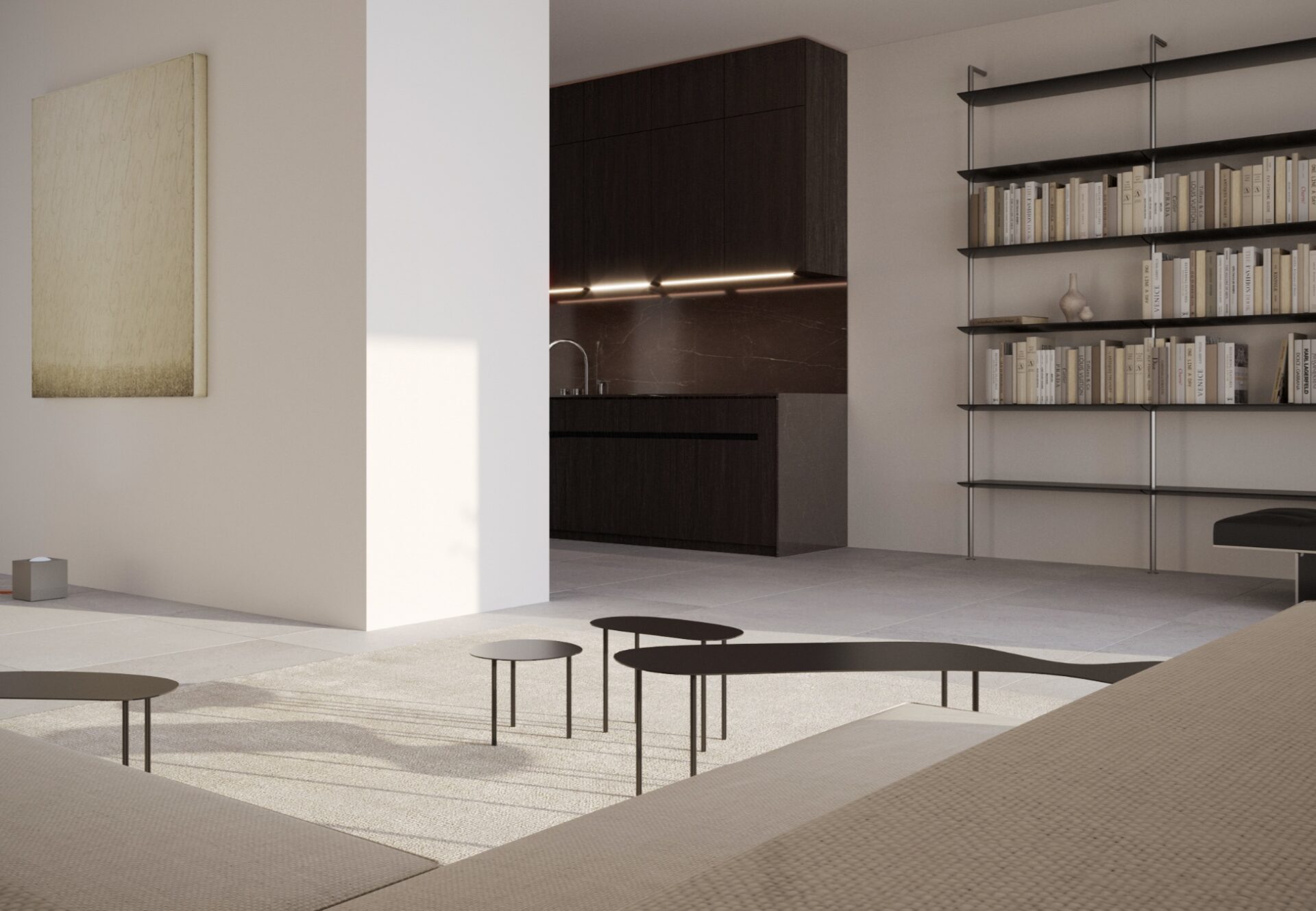 Luxury one-bedroom with built-in library wall, sculptural furnishings, and seamless indoor-outdoor flow to private terrace.