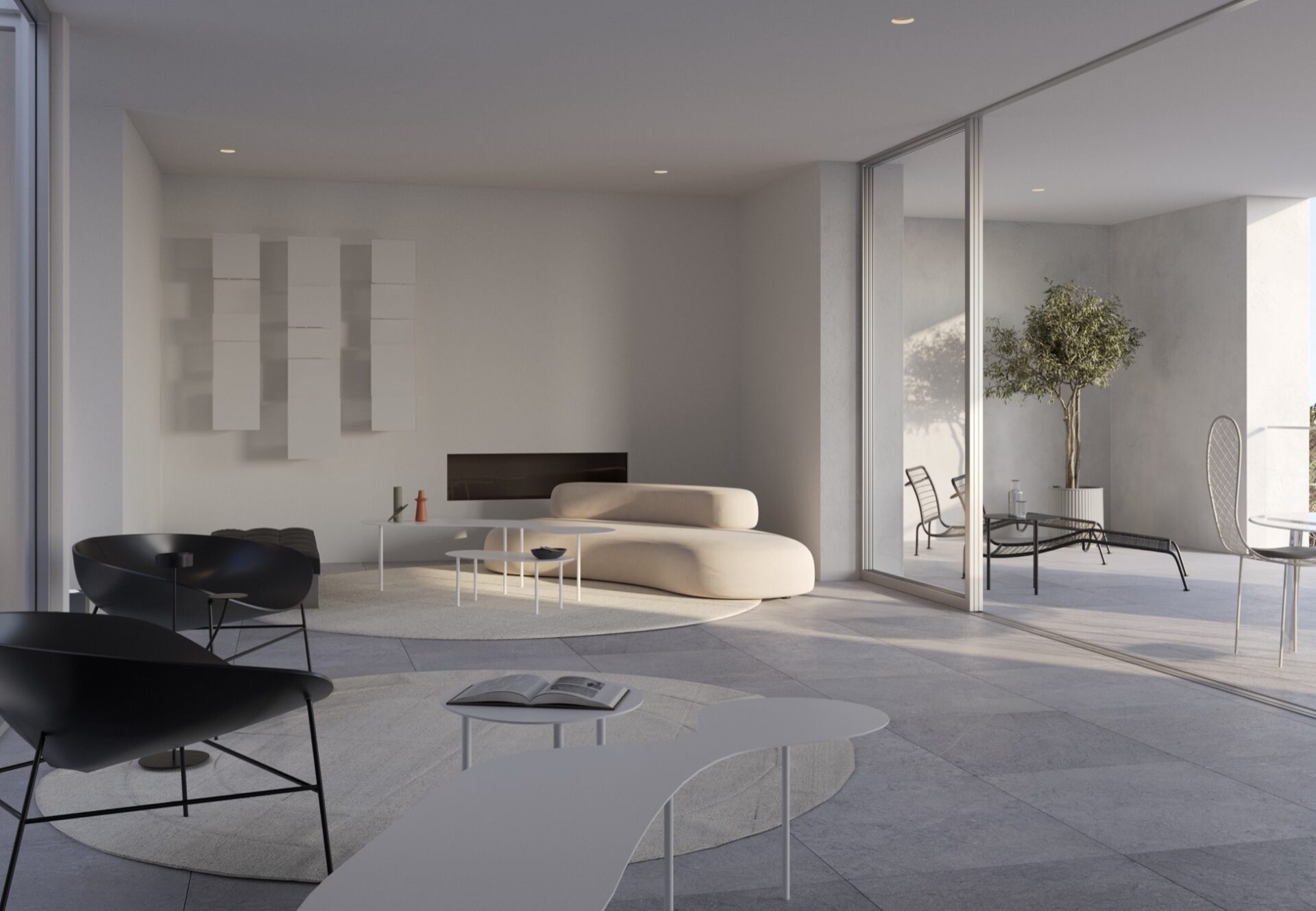 Luxury two-bedroom penthouse living room with minimalist design, opening to a terrace with views of greenery and a distant palm tree.