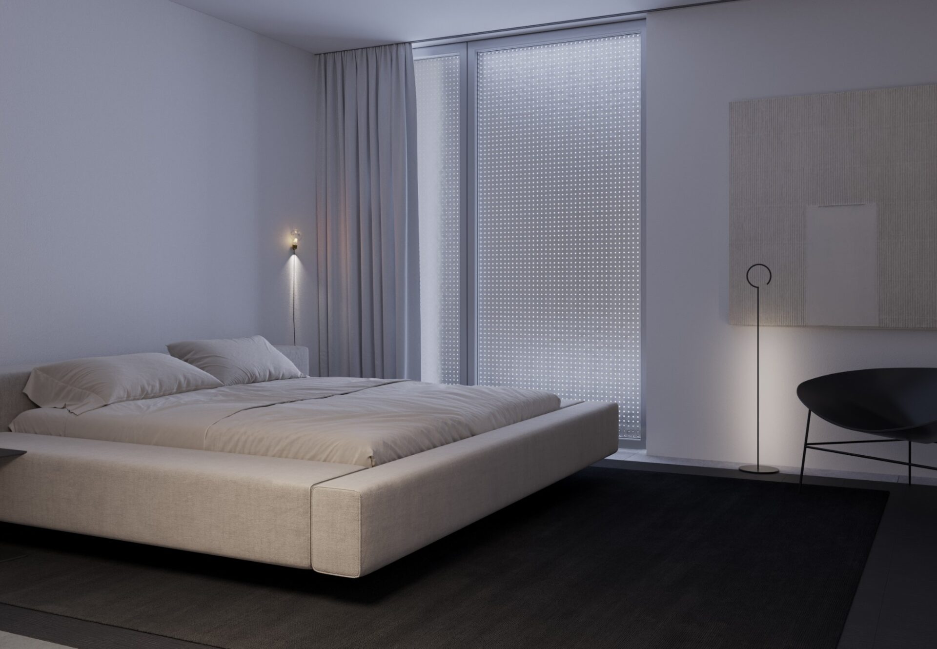 Minimalist bedroom with tall ceilings, sheer curtains, textured art, and ambient lighting from wall and floor lamps.