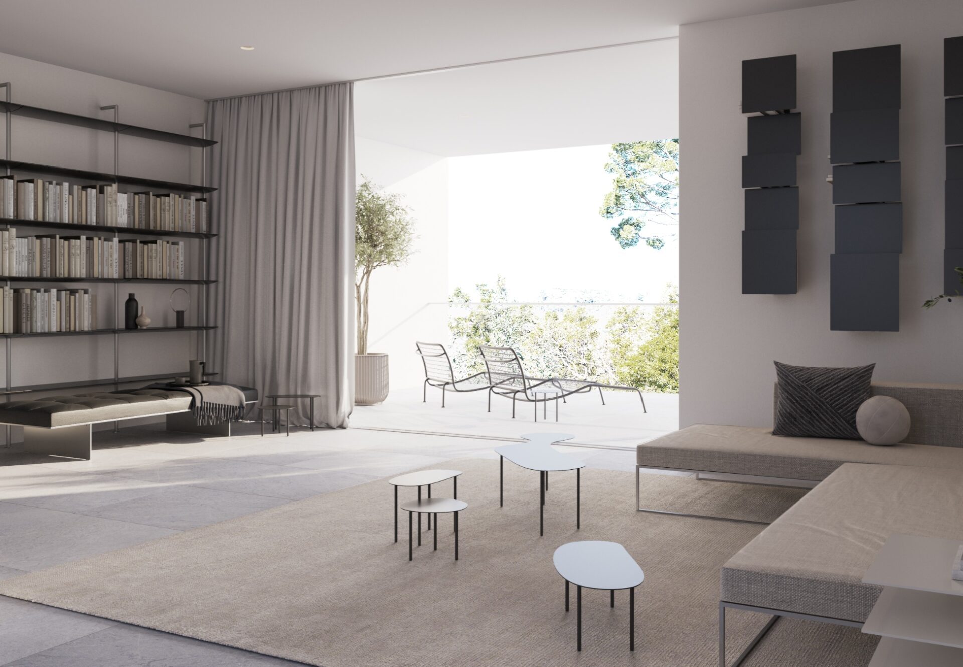 Luxury one-bedroom with built-in library wall, sculptural furnishings, and seamless indoor-outdoor flow to private terrace.