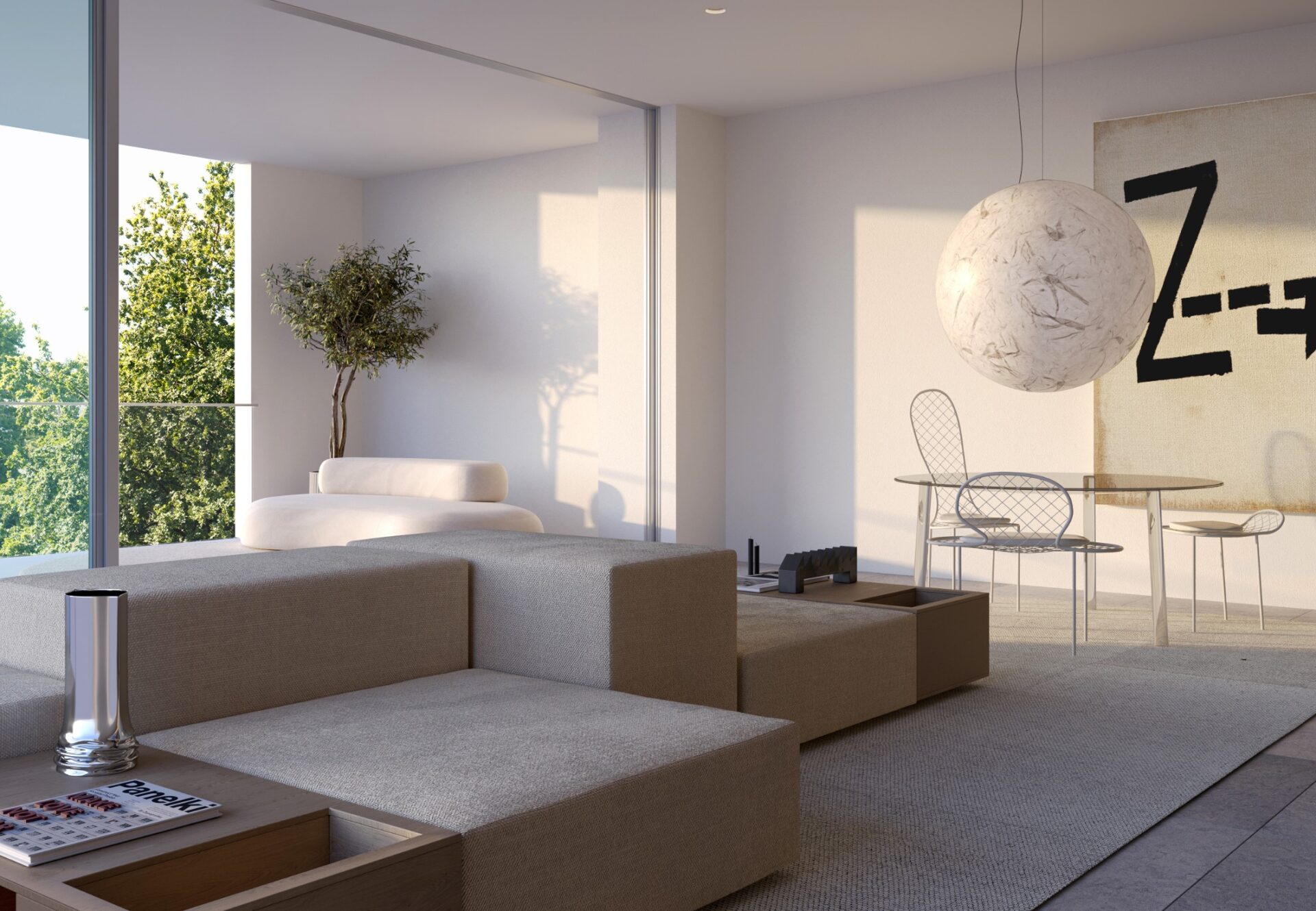 Living room with floor-to-ceiling glass, private terrace access, minimalist design, and ample natural light.