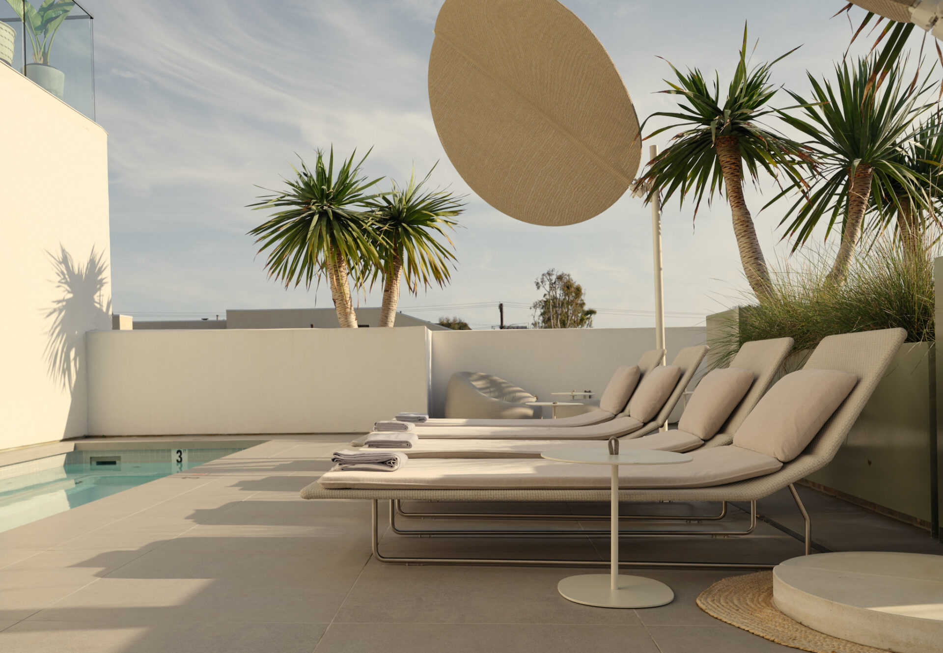 Rooftop sundeck with poolside loungers and shade umbrellas, surrounded by palm trees in late afternoon light.