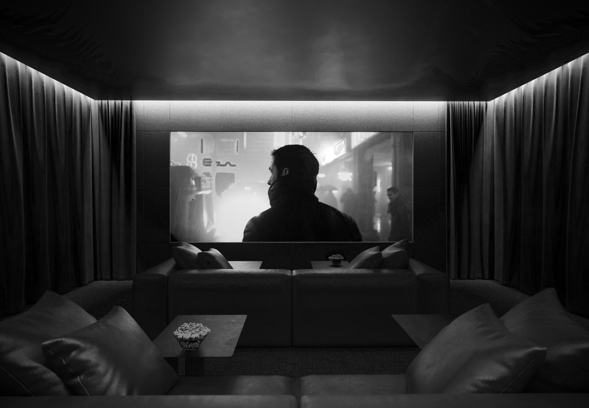 Private screening room with cinema seating, backlit ceiling, and a movie projected on a large built-in screen.