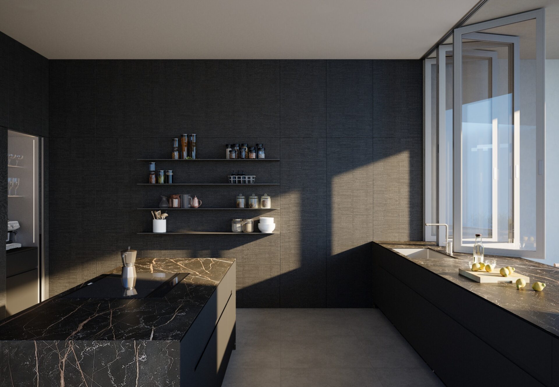 Spacious kitchen in a two-bedroom residence with dark cabinetry, stone countertops, minimalist shelving, and natural light.